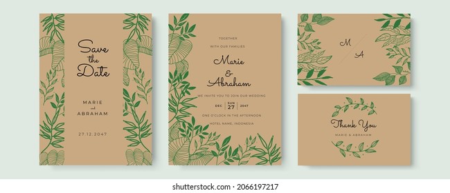 Wedding invitation template set with green line foliage floral hand-drawn ornament. Floral frame border for greeting card, banner, flier, social media sale fashion post and much more