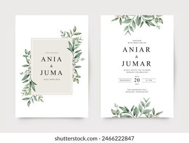 Wedding invitation template set with green leaves and yellow flowers decoration