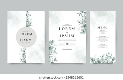 Conjunto de Plantilla de invitación de Boda con plantas verdes flores azules