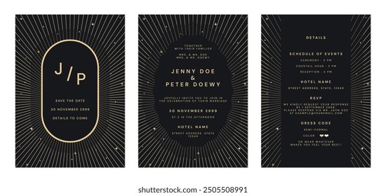 Wedding invitation template set, luxury elegant stars and sparkle black and gold tones