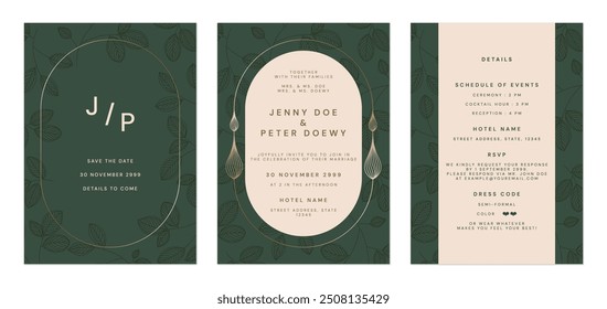 Wedding invitation template set, minimal elegant leaves in green and gold tones