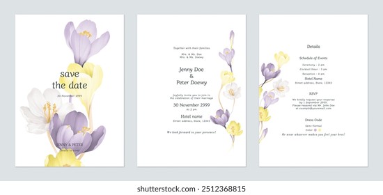 Wedding invitation template set, minimal colorful Crocus flowers on white background