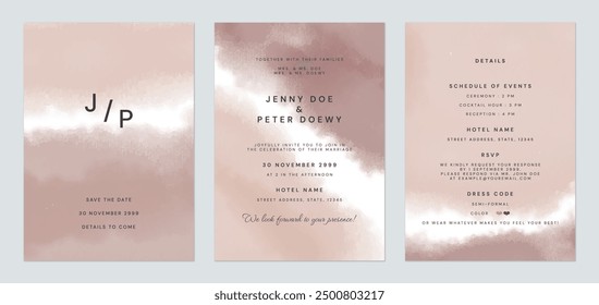 Wedding invitation template set, minimalist watercolor paintings in elegant brown tones