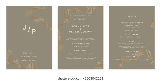 Wedding invitation template set, minimalist wavy line art in elegant green and brown tones