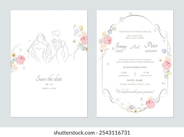 Wedding invitation template set of minimalist floral frame on a white background, creating a romantic and timeless feel