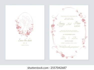 Wedding invitation template set of minimalist pink floral oval frame on a white background, creating a romantic and timeless feel