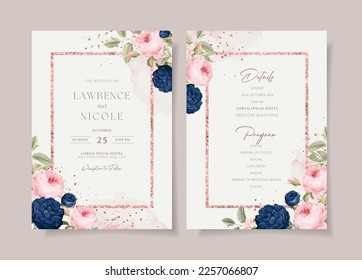 Wedding invitation template set with navy, pink floral and leaves decoration