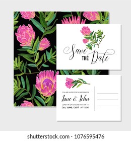 Wedding Invitation Template Set with Pink Protea Flowers. Save the Date Floral Card for Greetings, Anniversary, Birthday, Baby Shower Party. Botanical Design. Vector illustration