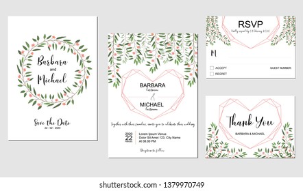 Wedding invitation template set with pink small flower and golden heart symbol, white background.