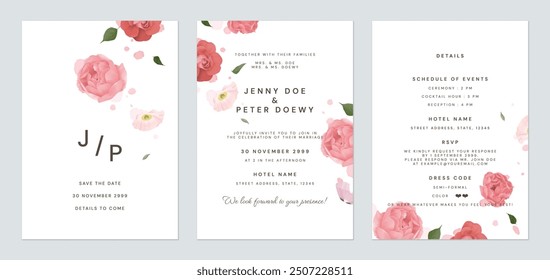 Wedding invitation template set, pink and red roses and poppy flowers on white background