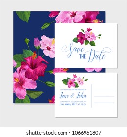 Wedding Invitation Template Set with Purple Hibiscus Flowers. Save the Date Floral Card for Greetings, Anniversary, Birthday. Botanical Design. Vector illustration