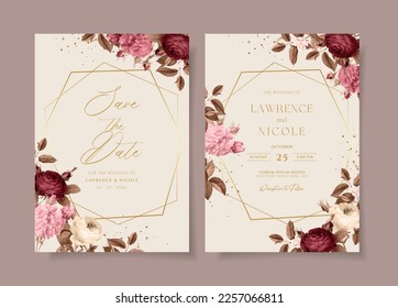 Wedding invitation template set with red, pink floral and leaves decoration