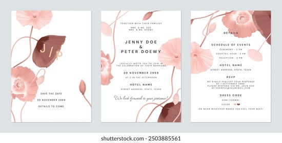 Wedding invitation template set, red poppy flowers on white background