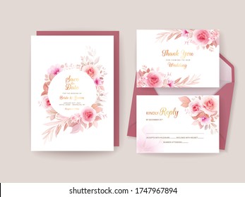 Wedding invitation template set with romantic floral frame and border. Roses and sakura flowers composition vector for save the date, greeting, thank you, rsvp card vector
