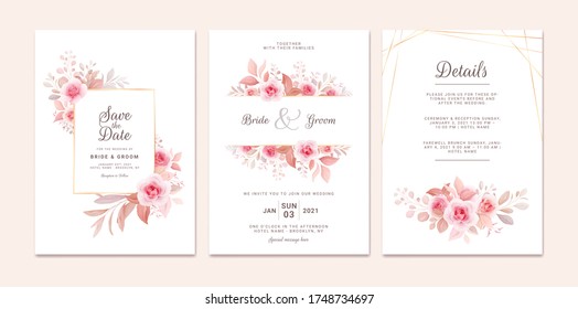 Wedding invitation template set with romantic floral frame and gold line. Roses and sakura flowers composition vector for save the date, greeting, thank you, rsvp card vector