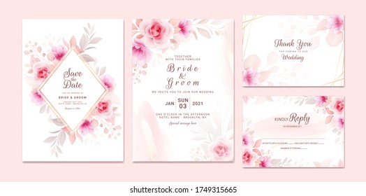 Wedding invitation template set with romantic floral frame and gold watercolor. Roses and sakura flowers composition vector for save the date, greeting, thank you, rsvp card vector