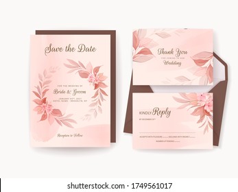 Wedding invitation template set with romantic floral frame and watercolor. Roses and sakura flowers composition vector for save the date, greeting, thank you, rsvp card vector