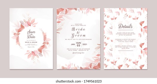 Wedding invitation template set with romantic floral frame and pattern. Roses and sakura flowers composition vector for save the date, greeting, thank you, rsvp card vector