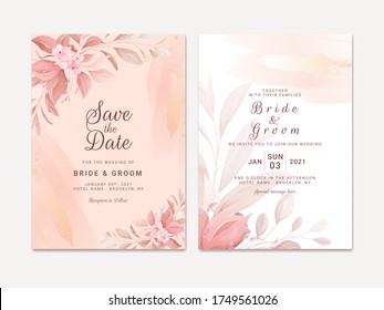Wedding invitation template set with romantic floral border and gold watercolor. Roses and sakura flowers composition vector for save the date, greeting, thank you, rsvp card vector