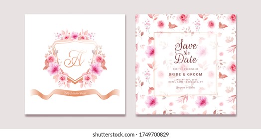 Wedding Invitation Template Set With Romantic Floral Crest And Pattern. Roses And Sakura Flowers Composition Vector For Save The Date, Greeting, Celebration Card Vector