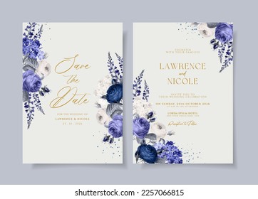 Wedding invitation template set with romantic floral and leaves decoration