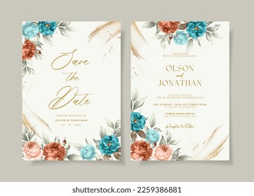 Wedding invitation template set with romantic floral and leaves decoration