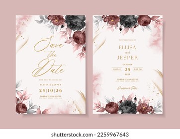 Plantilla de invitación a la boda con floral romántica y decoración de hojas