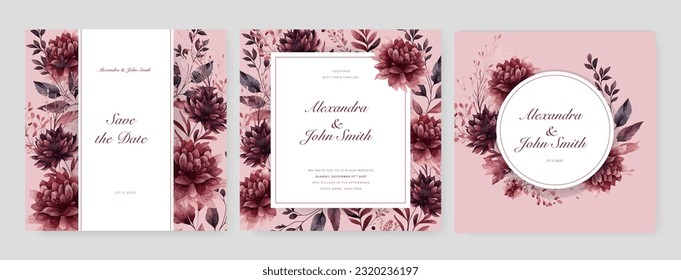 Plantilla de invitación de boda con borde floral romántico y acuarela dorada. Rosas y sakura flor composición vector para guardar la fecha, saludo, gracias, vectores de tarjeta rsvp