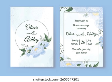 Conjunto de Plantilla de invitación de Boda con peonías azules románticas y hermoso diseño floral, perfecto para eventos elegantes, tarjetas y papelería decorativa