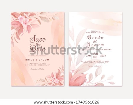 Wedding invitation template set with romantic floral border and gold watercolor. Roses and sakura flowers composition vector for save the date, greeting, thank you, rsvp card vector
