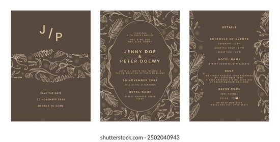 Wedding invitation template set, vintage floral in elegant green and brown tones