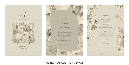 Wedding invitation template set, vintage Crocus flowers pattern in brown tone