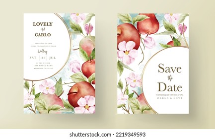 Wedding invitation template set with watercolor apple fruit and floral decoration