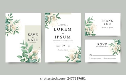 Wedding invitation template set with watercolor leaves and flowers