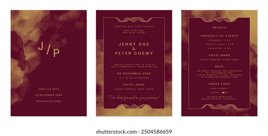 Wedding invitation template set, watercolor paintings in elegant red and gold tones