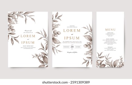 Wedding invitation template set with watercolor brown leaves