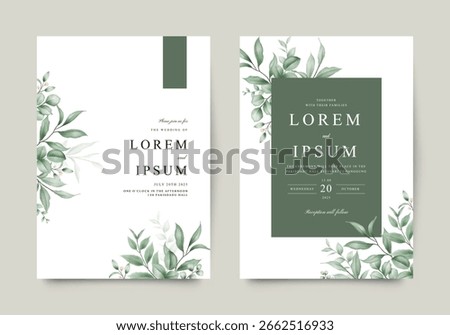 Wedding invitation template set with watercolor green leaves