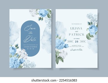 Wedding invitation template set with white blue floral and leaves decoration