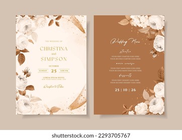 Wedding invitation template set with white dried floral and leaves decoration