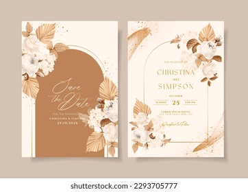 Plantilla de invitación a la boda con decoración de flores y hojas secas y blancas