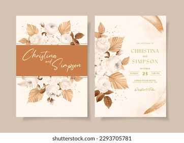 Wedding invitation template set with white dried floral and leaves decoration