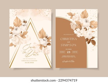 Wedding invitation template set with white dried floral and leaves decoration