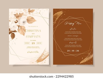 Wedding invitation template set with white dried floral and leaves decoration