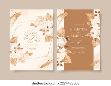 Wedding invitation template set with white dried floral and leaves decoration