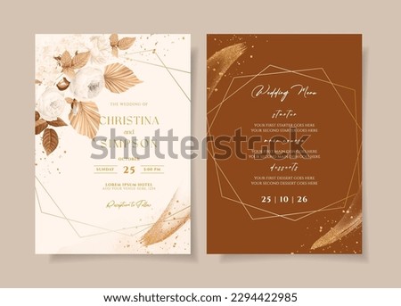 Wedding invitation template set with white dried floral and leaves decoration