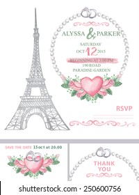 Wedding invitation template set.Watercolor with Eiffel tower,watercolor pink roses wreath ,pearls,rings,swirls border.Wedding invitation,save the date card, thank you card,RSVP.Cute vintage Vector