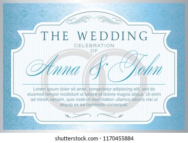 wedding invitation template. silver and blue color, elegant, luxurious with baroque ornament (congratulation, postcard, banner, invitation)