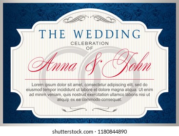 Wedding invitation template. silver and blue, ultramarine color, elegant, luxurious with baroque ornament congratulation, postcard, banner, invitation