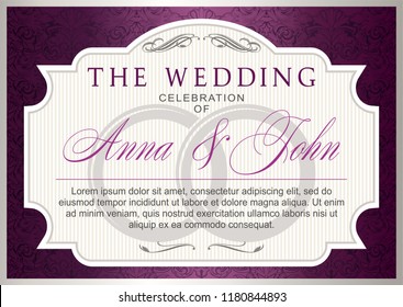 Wedding invitation template. silver and violet, marsala, purple color, elegant, luxurious with baroque ornament congratulation, postcard, banner, invitation