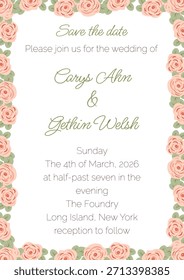 Una Plantilla de invitación de boda con flores simples y estilizadas en estilo plano. Un marco de flores estilizadas en estilo plano.